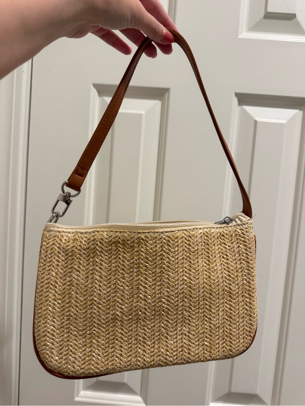 Woven Straw Shoulder Bag with Brown Strap - Picture 1 of 4